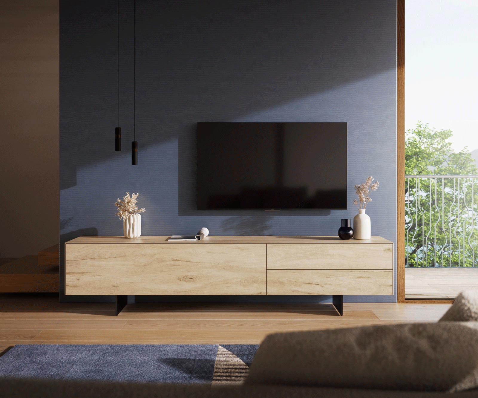 Meuble-TV Cuor 220 cm Céramique Laminam® Sabbia Teinte chêne 1 Clapet 2 Tiroirs Pied optique flottant Métal Noir 2