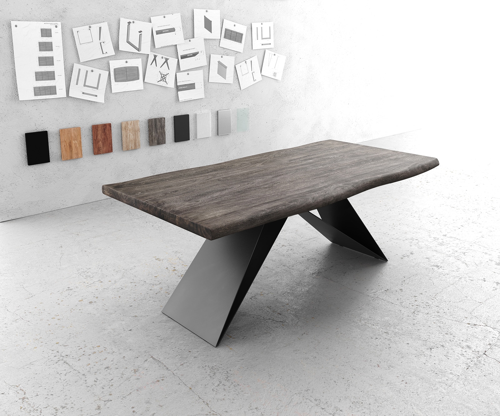 Table à manger Edge 200x100 XL Acacia Platine cadre V Acier plat Noir Live-Edge 1