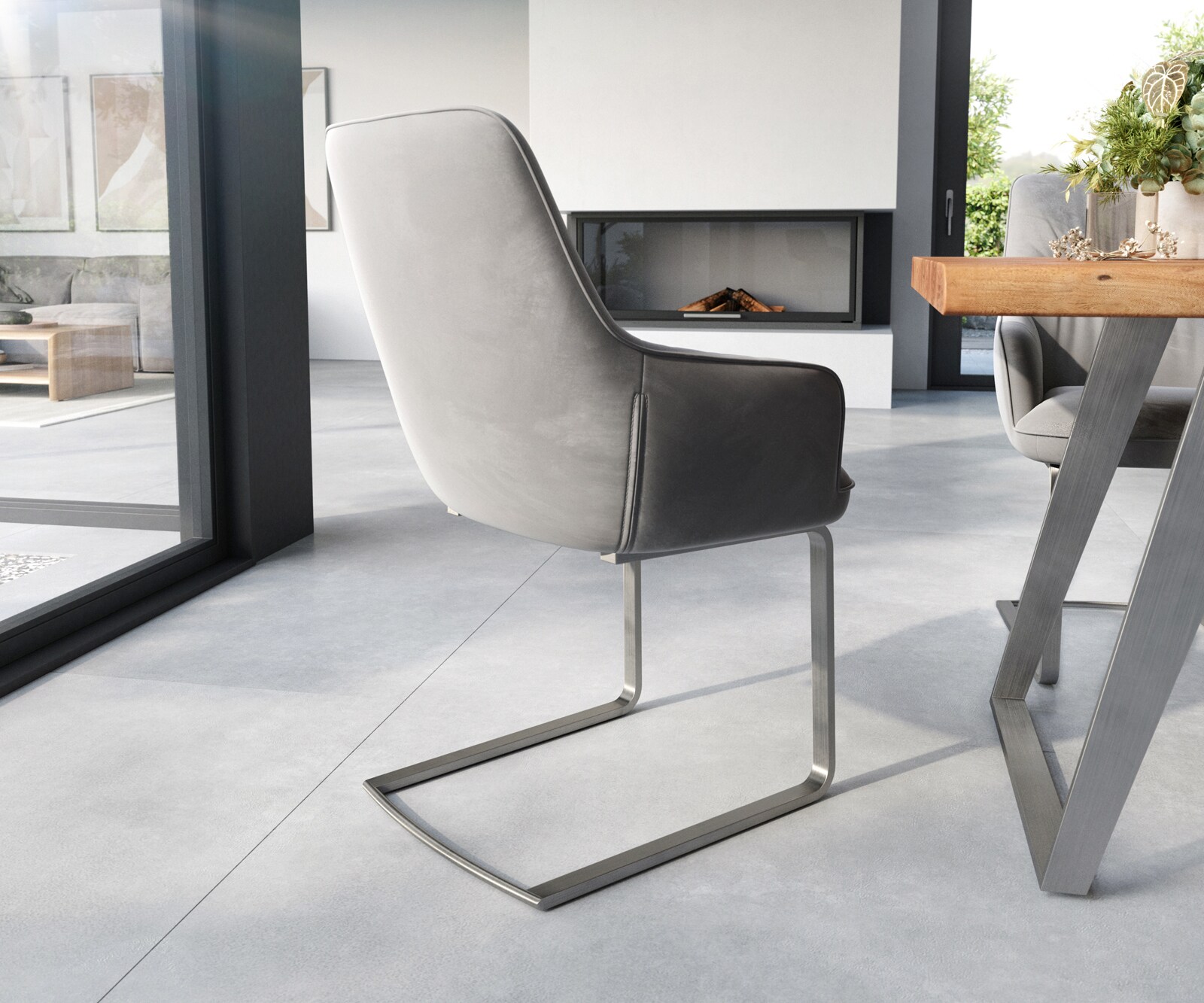 Cantilever Zelia-Flex avec accoudoirs velours gris pied cantilever plat acier inoxydable brossé ressorts ensachés 4 Cantilever Zelia-Flex avec accoudoirs velours gris pied cantilever plat acier inoxydable brossé ressorts ensachés 4