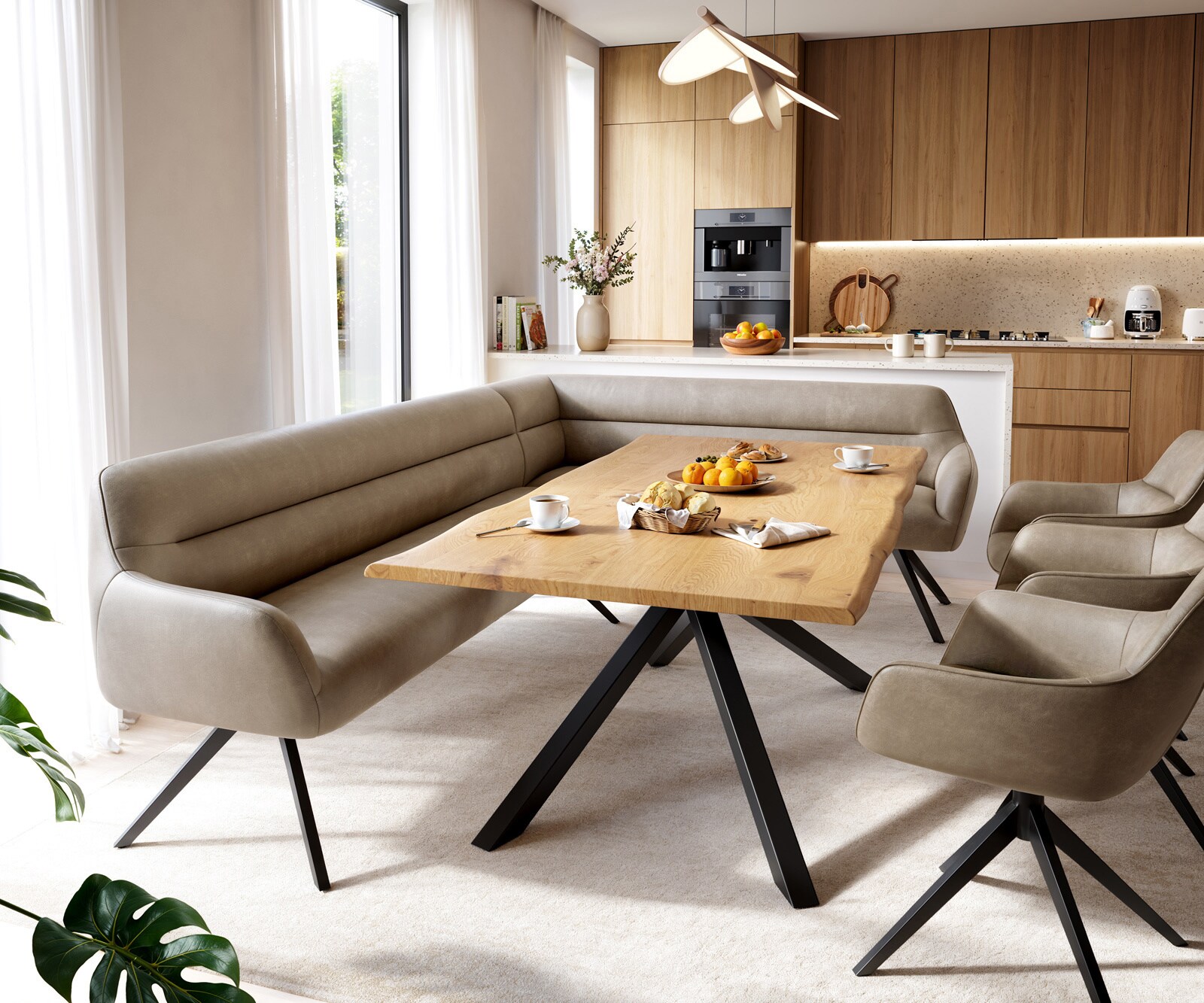 Banc-de-salle-à-manger Taya-Flex 285x190 cm microfibre beige vintage pied croisé angulaire noir ressort ensaché liens 1