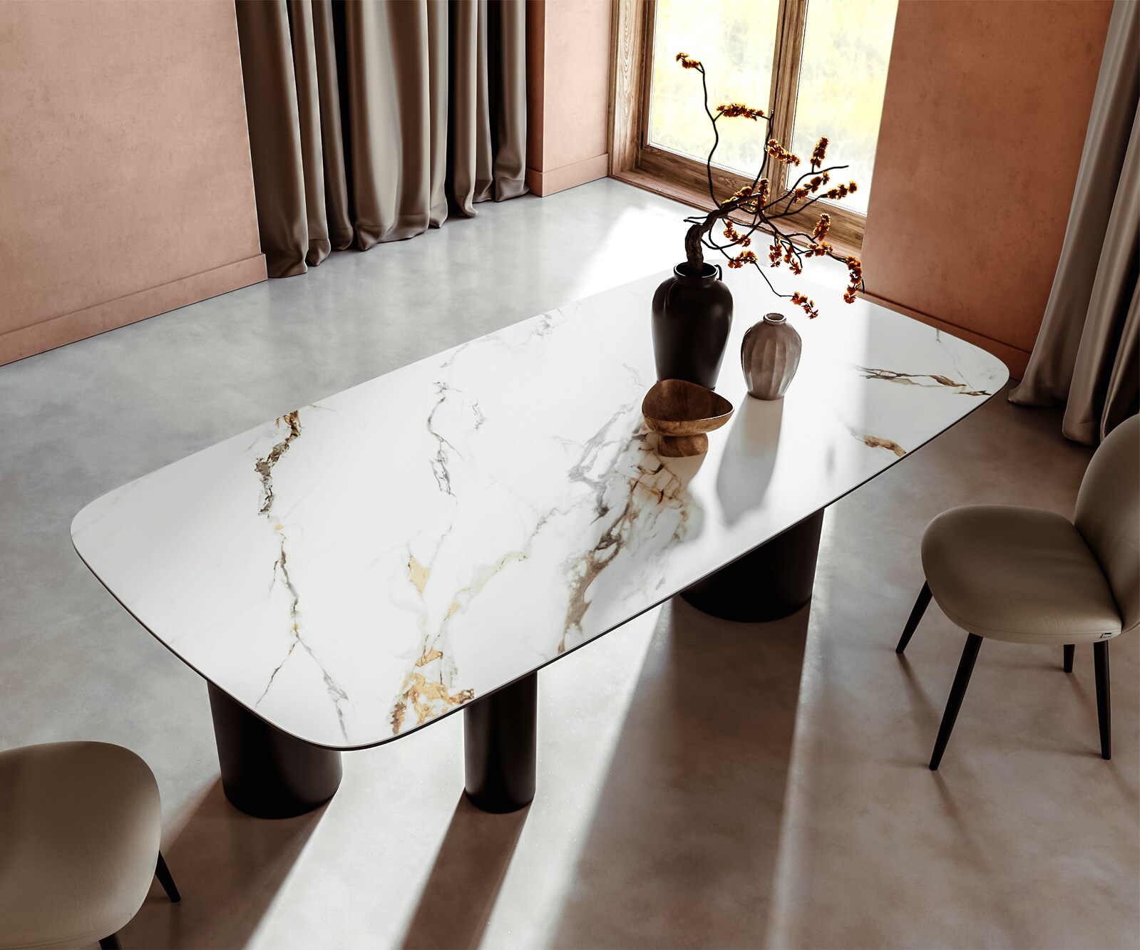 Table à manger Edge Boot 240x120 céramique Calacatta Luxe blanc-doré-gris Troa métal noir 3