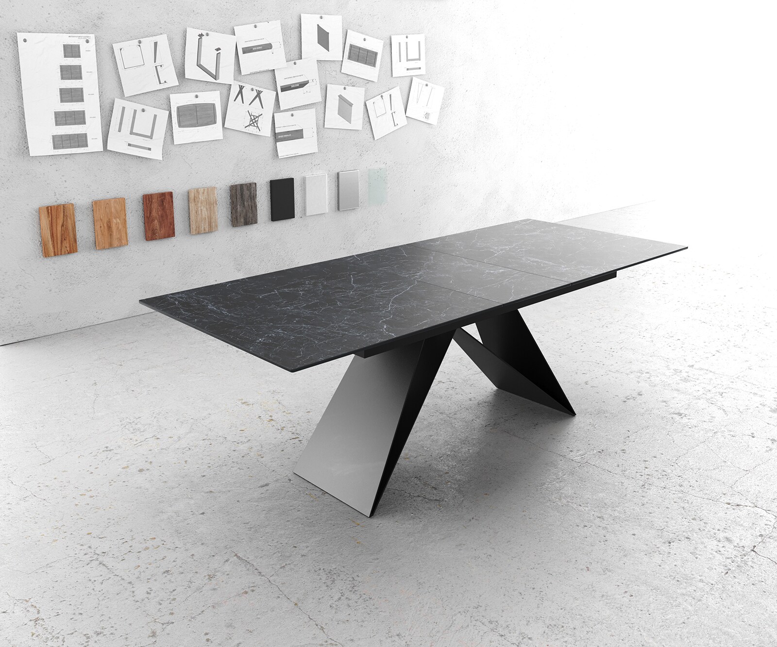 Table-à-manger Edge 180-220x100cm Laminam® céramique gris V-pieds milieu noir