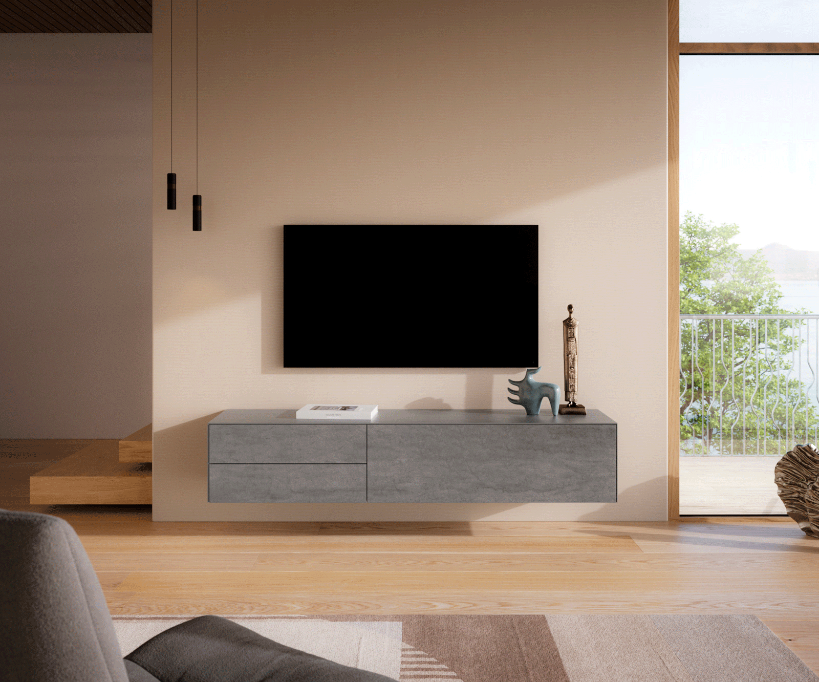Meuble-TV Cuor 180 cm Céramique Béton gris 1 Clapet 2 Tiroirs Flottant 2