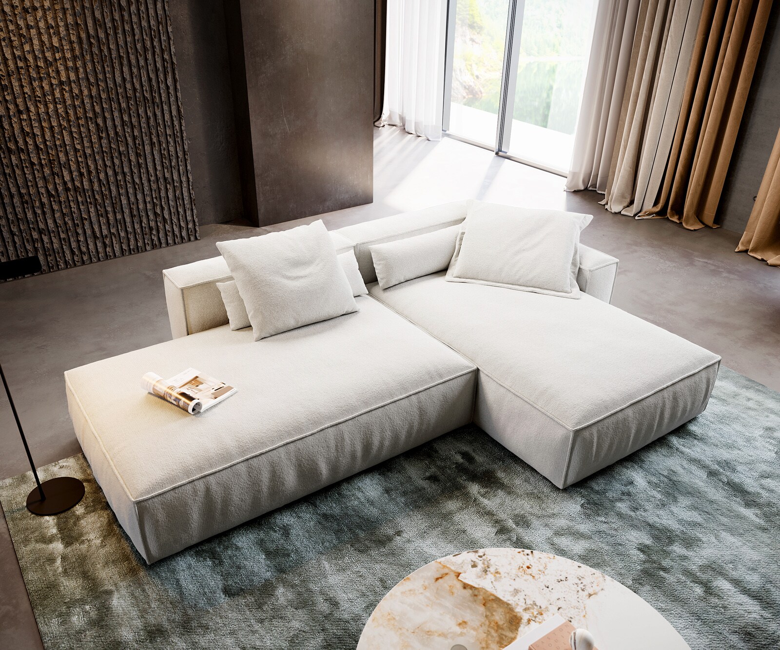 Canapé d'angle Freestyle 310x200 cm Bouclé doux Beige couture passepoilée 4