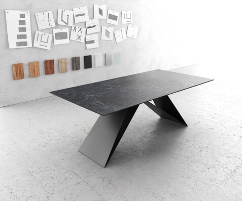 Table-à-manger Edge 200x100cm Laminam® céramique gris V-pieds milieu noir