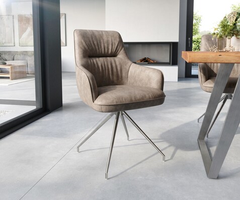 Chaise-de-salle-à-manger Zelia-Flex avec accoudoirs microvelours taupe vintage pied croisé conique acier inoxydable brossé ressorts ensachés