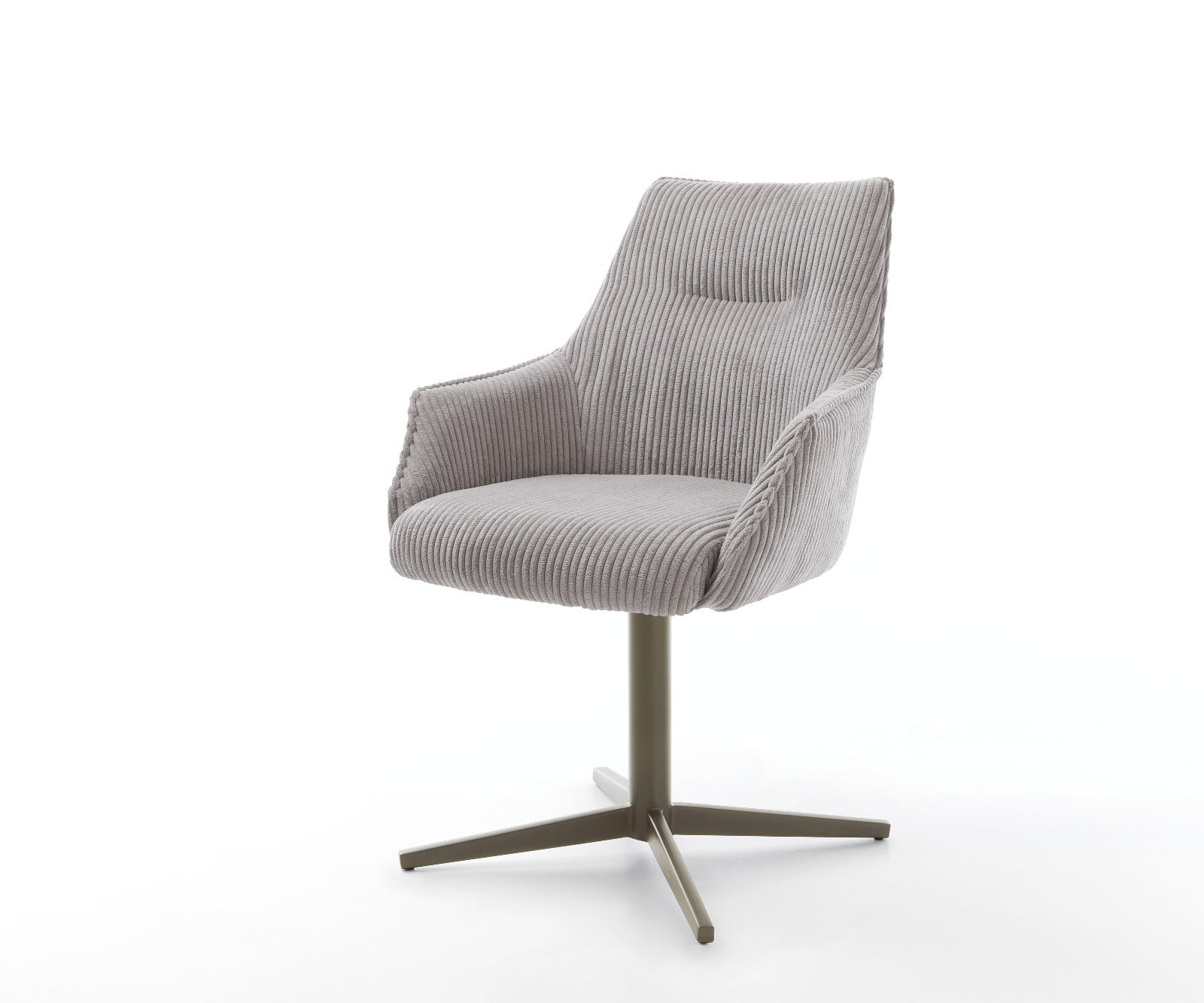Chaise-pivotante Alja-Flex avec accoudoirs côtelé gris argenté pied de chaise 4 branches aspect titane pivotement sur 360° ressorts ensachés