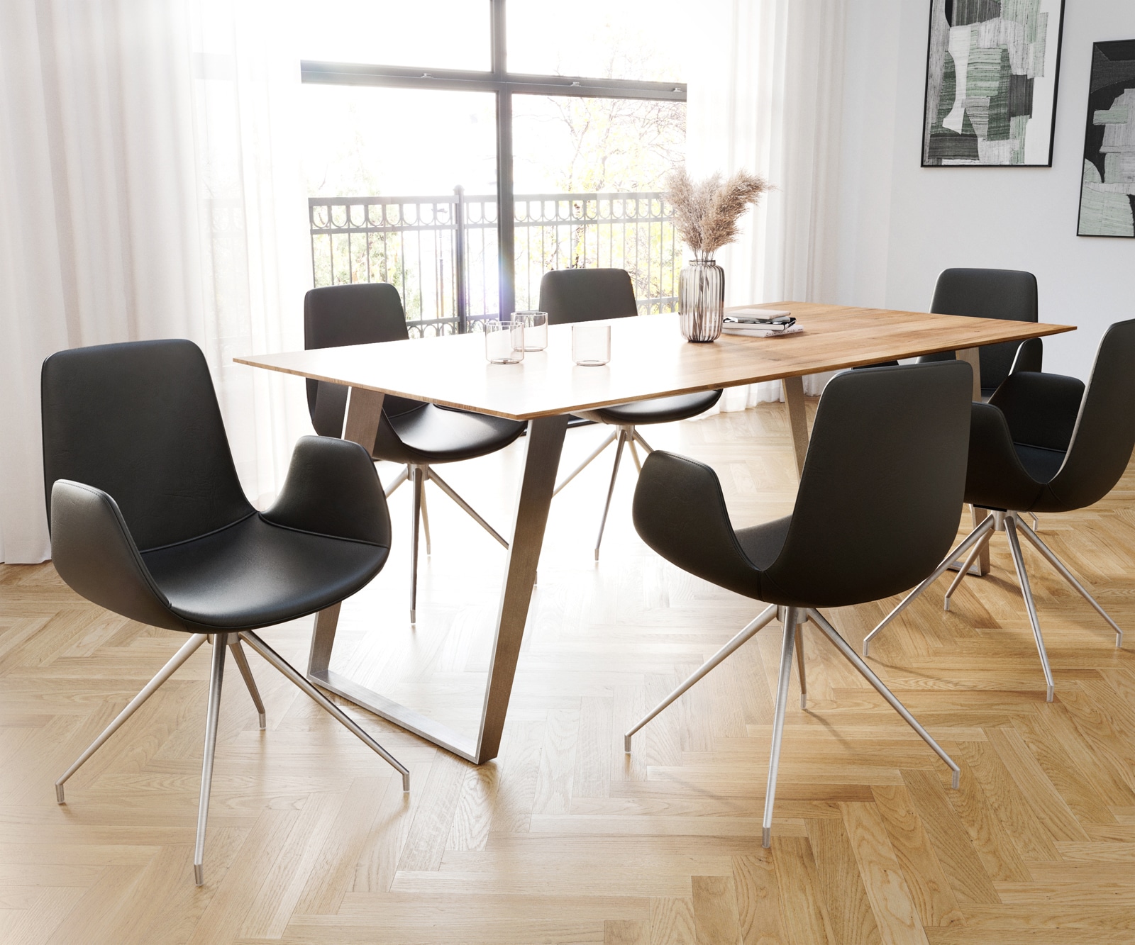 Chaise-de-salle-à-manger Ilia-Flex avec accoudoirs cuir de vache noir pied croisé conique acier inoxydable brossé 3 Chaise-de-salle-à-manger Ilia-Flex avec accoudoirs cuir de vache noir pied croisé conique acier inoxydable brossé 3