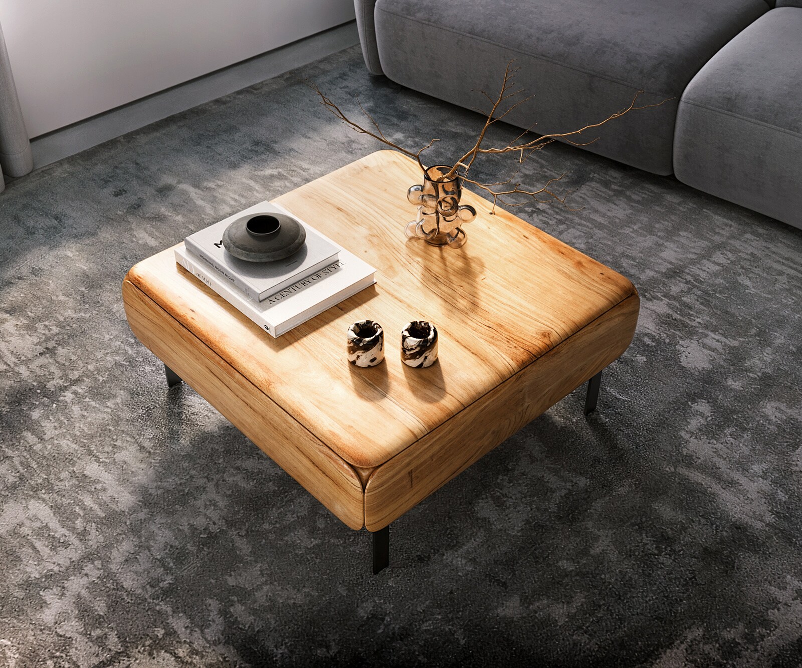 Table-basse Shavani 90 x 90 cm, acacia naturel, 2 portes, pieds en L, métal noir 4