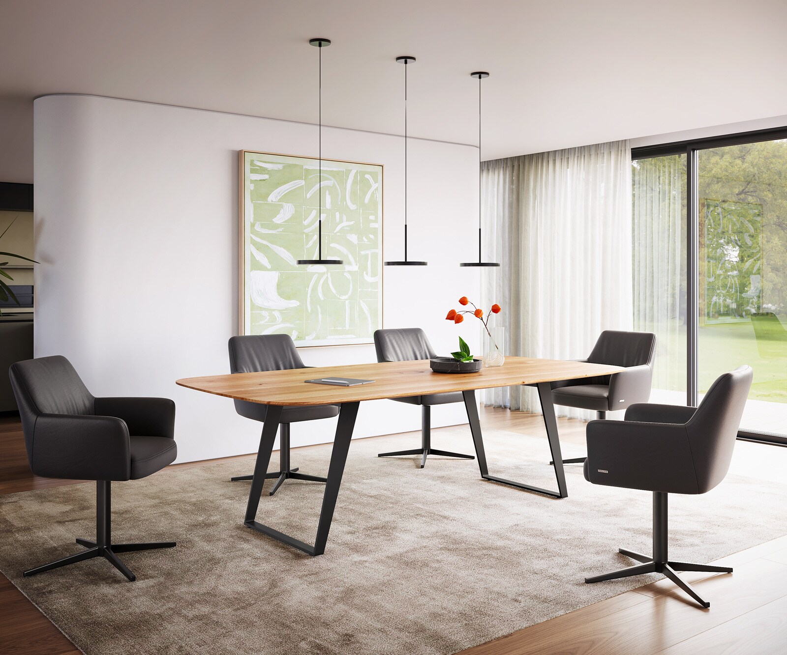 Table à manger Edge Boot 240x120x2,5-3 chêne naturee métal incliné noir bord suisse 4