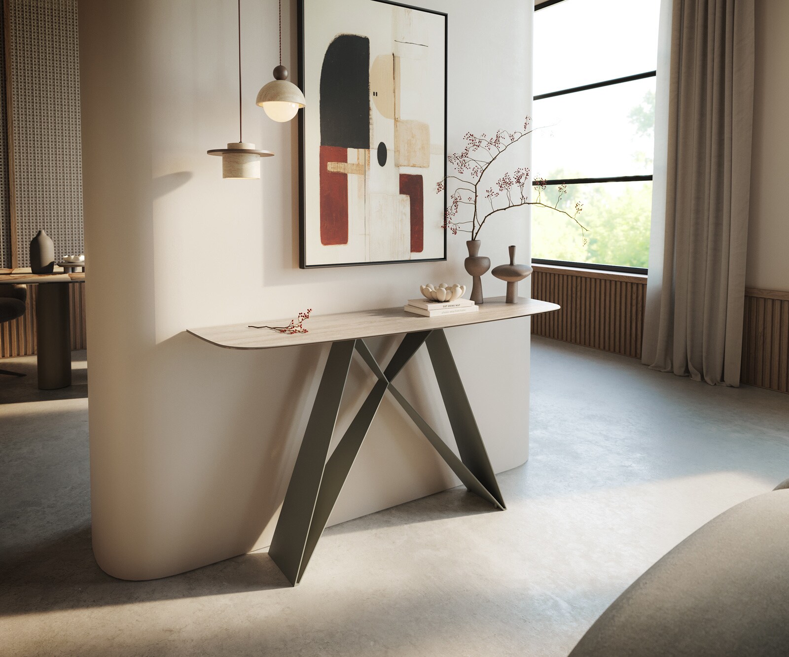 Console Edge forme bateau 140x40 cm Céramique Laminam® Travertino Bianco Creme-Weiß Velio Métal Effektfinish Titan 4