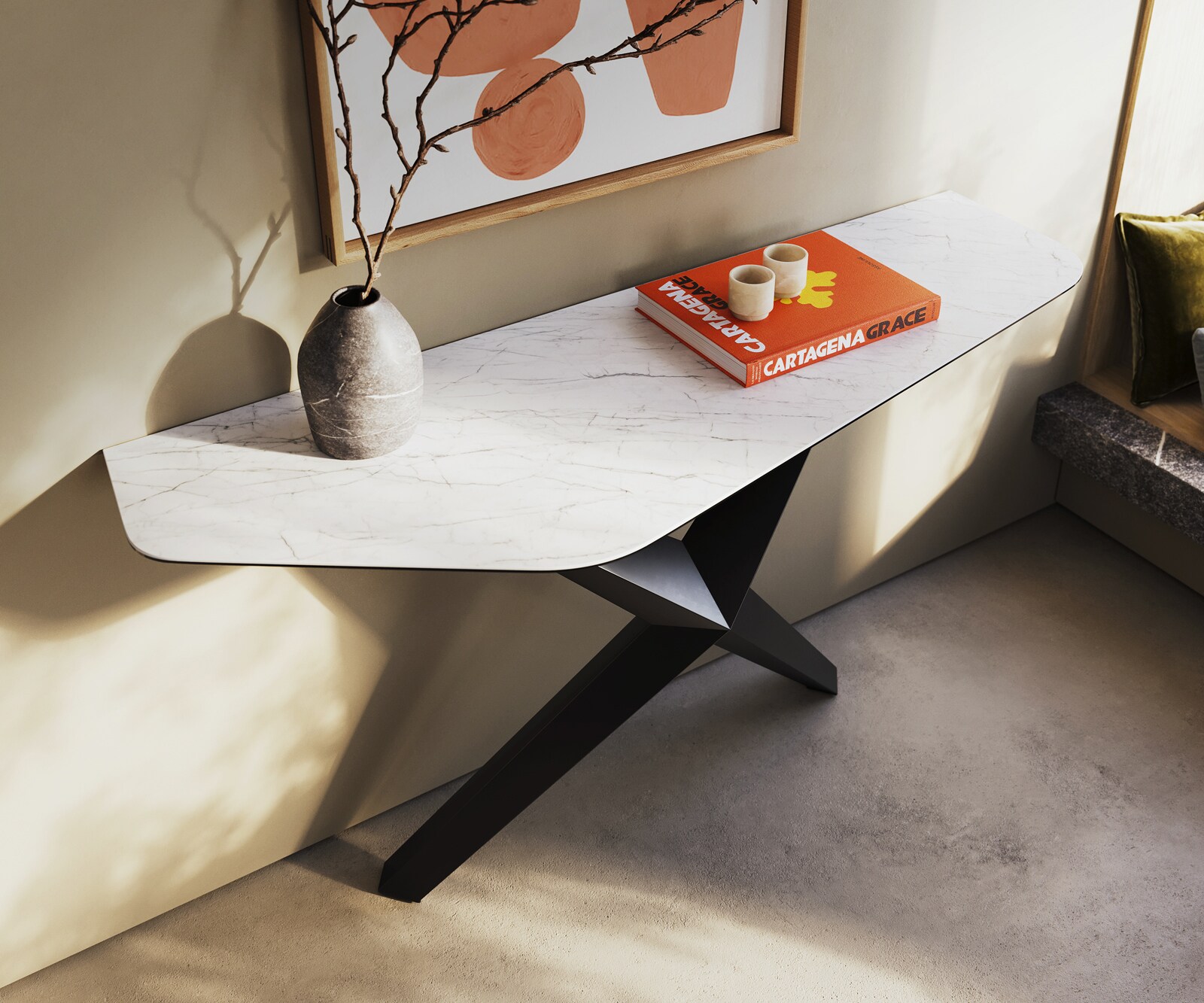 Console Edge Polygonal 140x50 cm Céramique Laminam® Statuarietto Weiß Zentharo Métal Noir 2