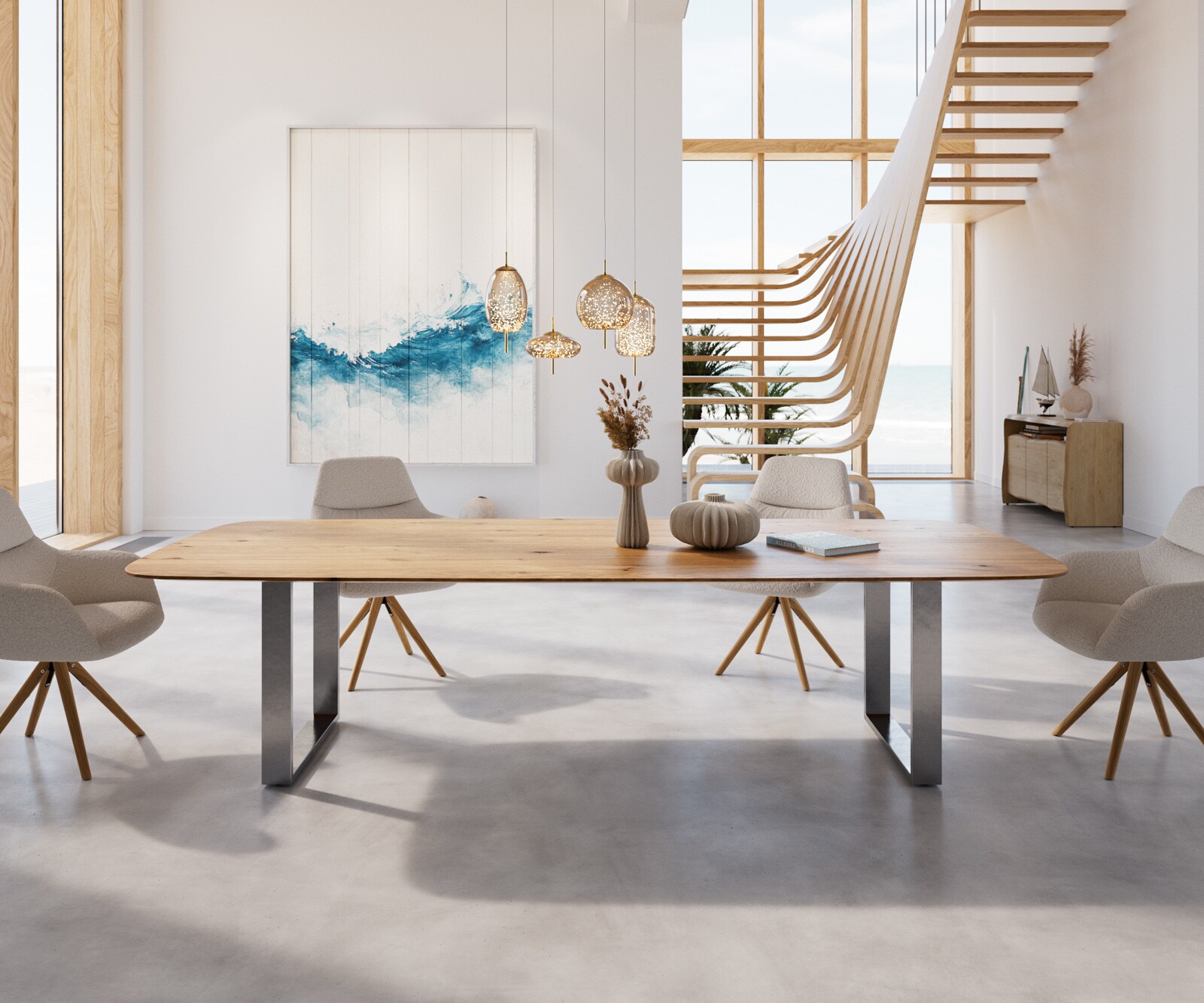 Table à manger Edge Boot 300x120x2,5-3 chêne nature acier inoxydable mince bord suisse 1