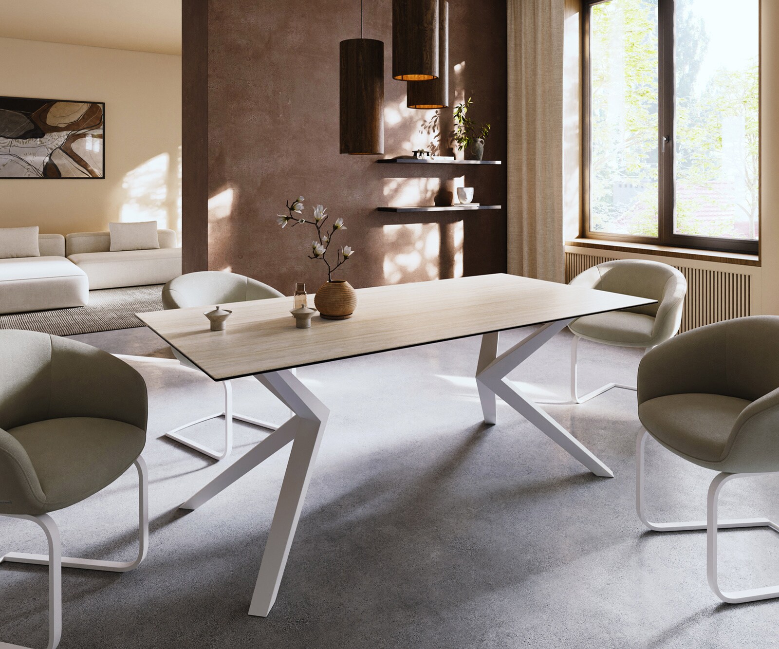 Table à manger Edge 200x100 céramique Laminam® Travertino Bianco crème-blanc Zenthara Angulaire métal blanc 2