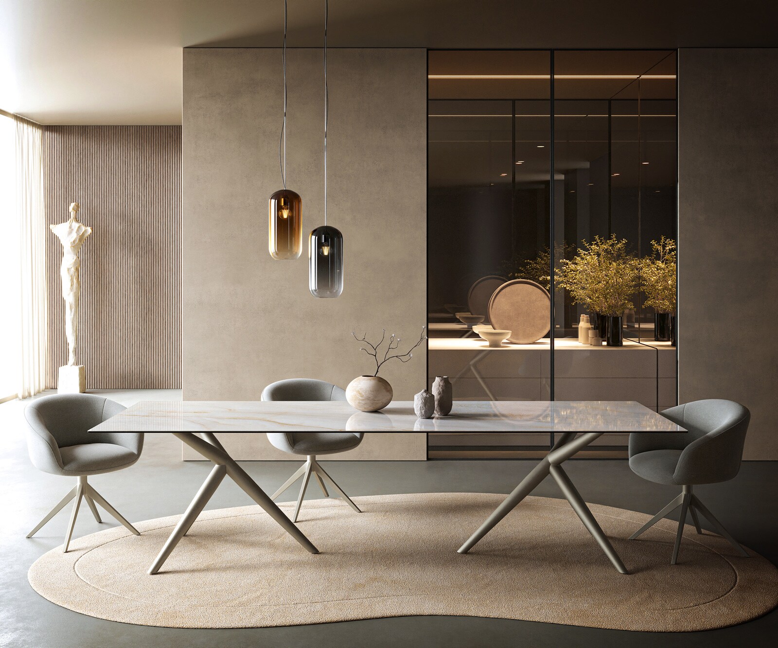 Table à manger Edge 300x100 cm céramique Onyx Pearl Estelar rond métal finition effet titane 2