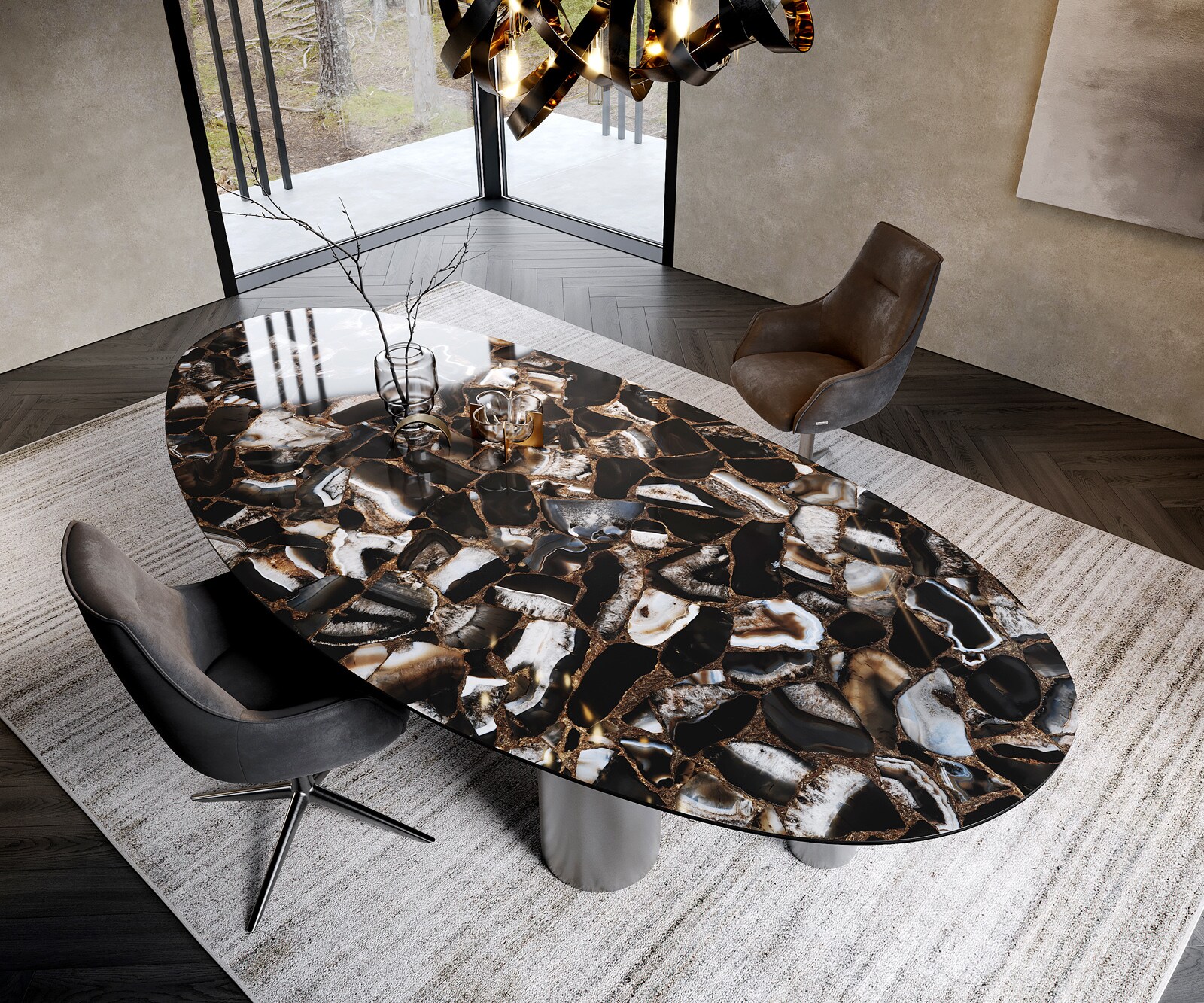 Table à manger Edge Ovale 280x130 Céramique Iris FMG Agatablack Pilier Acier inoxydable Graphite 1