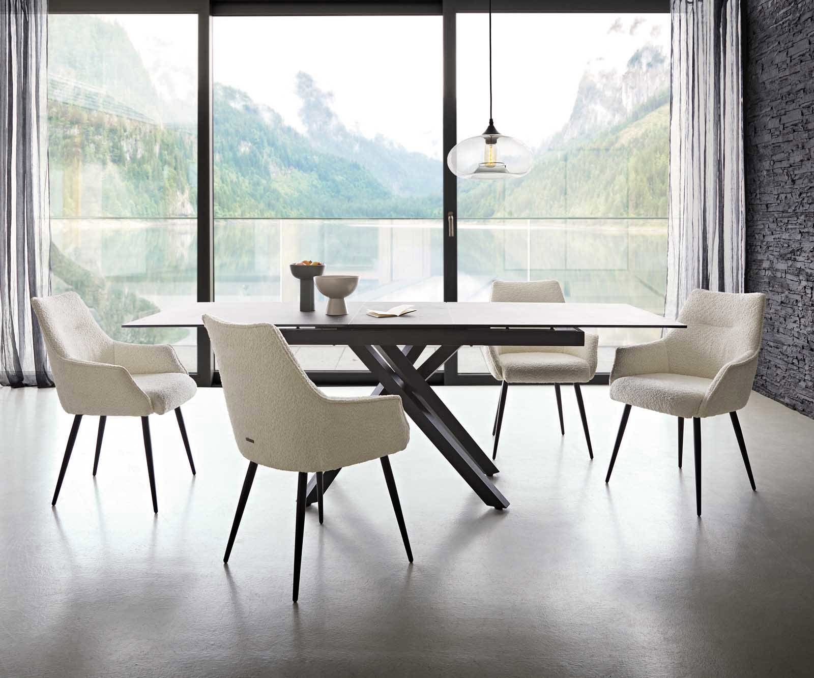 Chaise-de-salle-à-manger Alja-Flex avec accoudoirs bouclé blanc 4 pieds coniques noir ressorts ensachés 3 Chaise-de-salle-à-manger Alja-Flex avec accoudoirs bouclé blanc 4 pieds coniques noir ressorts ensachés 3