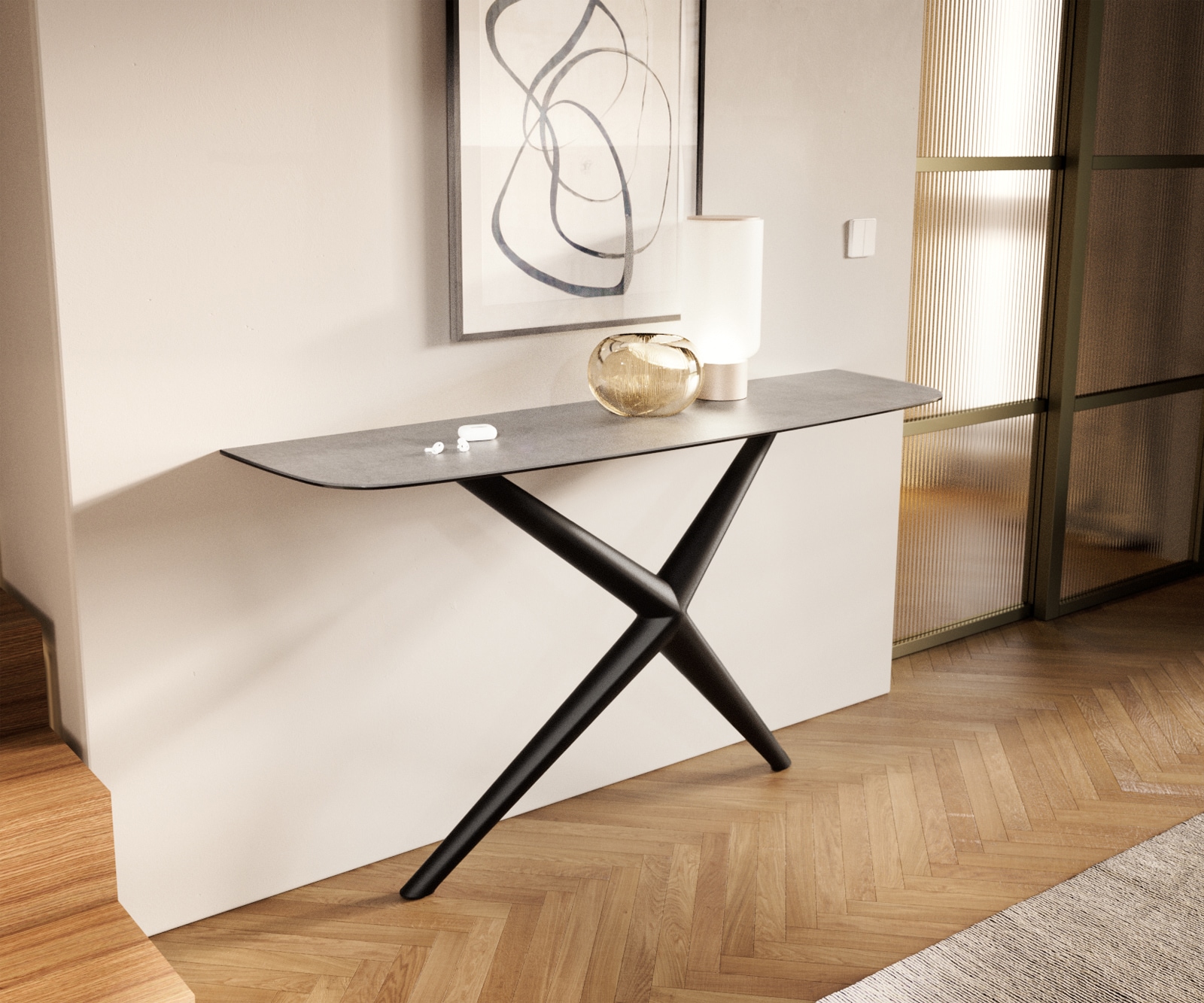Console Edge forme bateau 140x40 cm Céramique Gris béton Estelo Métal Noir