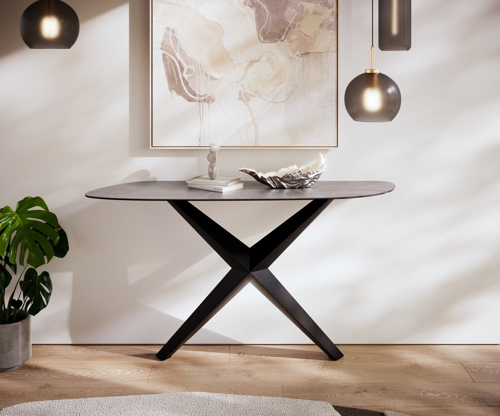 Table console Edge Organique 140x40 cm Céramique Béton Gris Zentharo Métal Noir