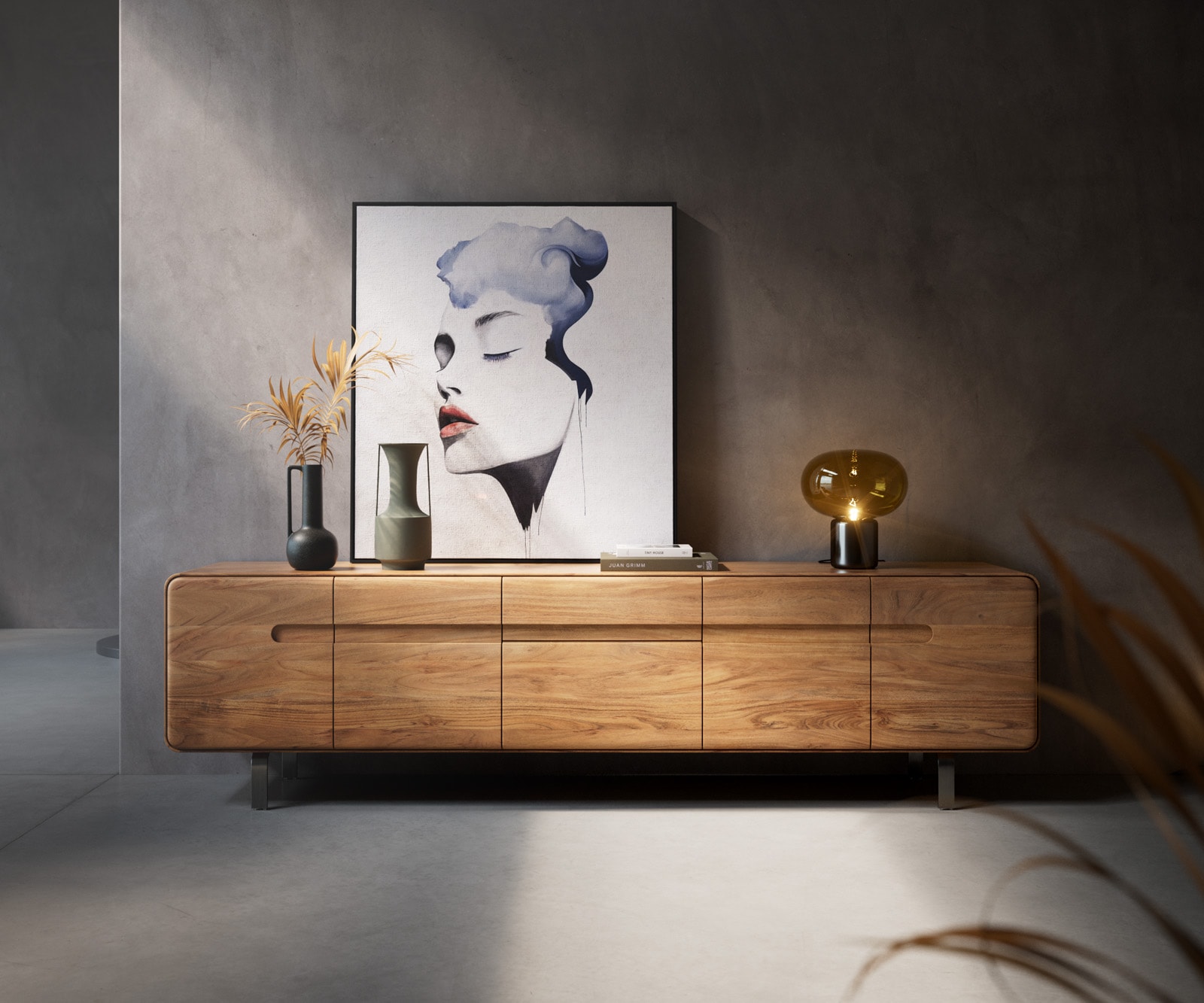 Meuble-TV Anaya 220 cm acacia naturel 4 portes 2 tiroirs pied en L inoxydable Meuble-TV Anaya 220 cm acacia naturel 4 portes 2 tiroirs pied en L inoxydable