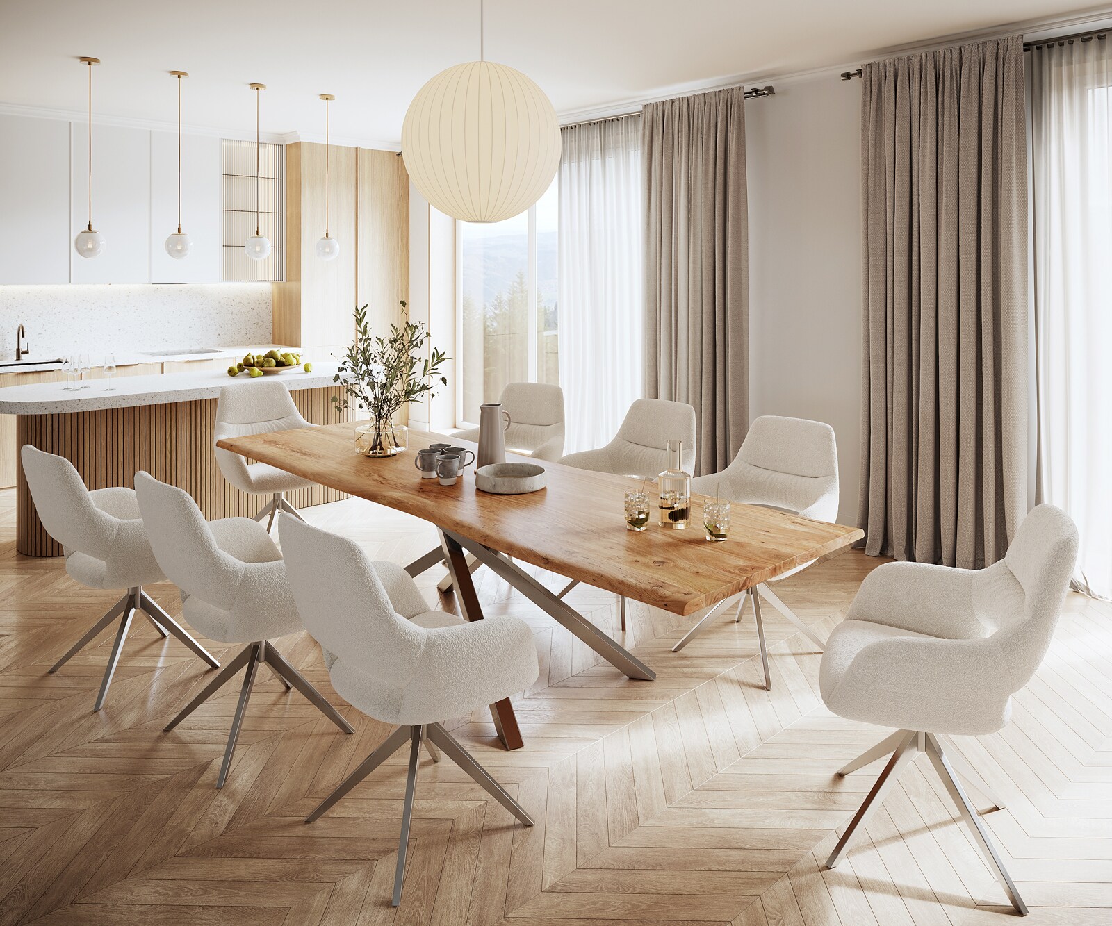 Table à manger Edge 300x100 acacia nature cadre croisé rectangle acier inoxydable Live-Edge 6