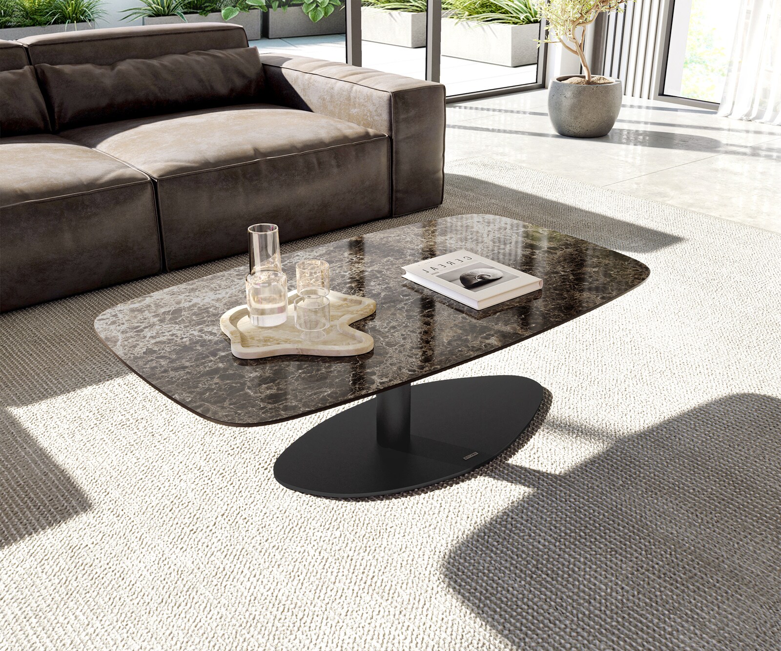 Table basse Edge Boot 120x70 cm céramique Laminam® Emperador Extra Lucidato brun foncé Vibany métal noir 1