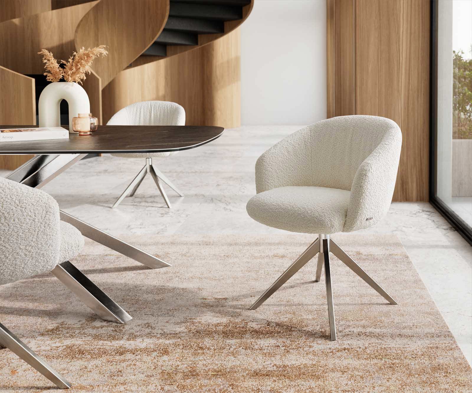 Chaise-pivotante Caja-Flex avec accoudoirs bouclé blanc pied croisé large acier inoxydable brossé pivotement sur 360° ressorts ensachés Chaise-pivotante Caja-Flex avec accoudoirs bouclé blanc pied croisé large acier inoxydable brossé pivotement sur 360° ressorts ensachés