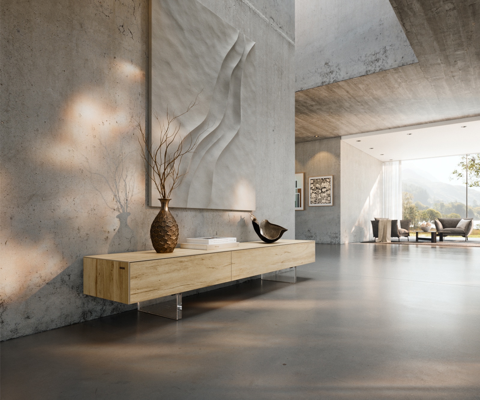 Meuble-TV Cuor 200 cm Céramique Laminam® Sabbia Teinte chêne 1 Clapet 1 Tiroir Pied optique flottant Verre acrylique