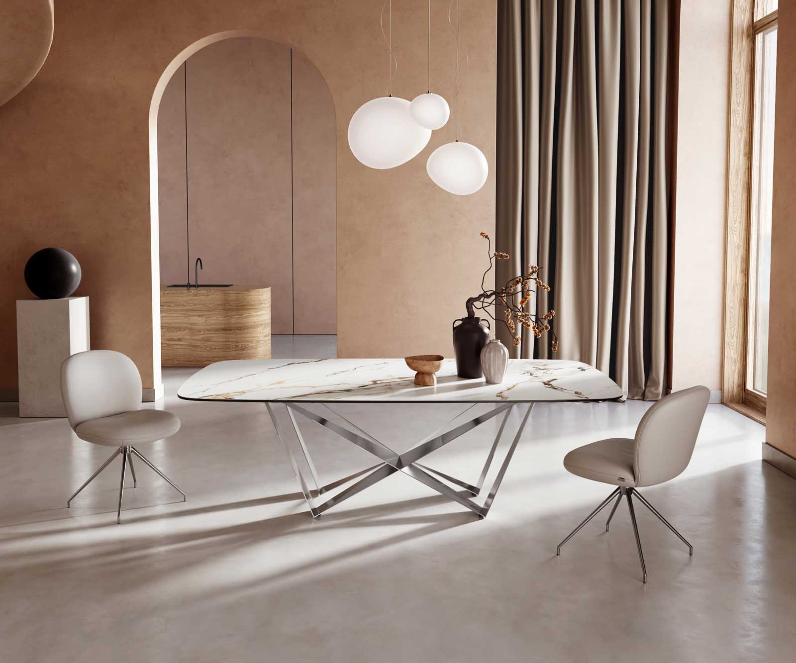 Table à manger Edge en forme de bateau 240x120 céramique Calacatta Luxe blanc-doré-gris Spider acier plat acier inoxydable Table à manger Edge en forme de bateau 240x120 céramique Calacatta Luxe blanc-doré-gris Spider acier plat acier inoxydable