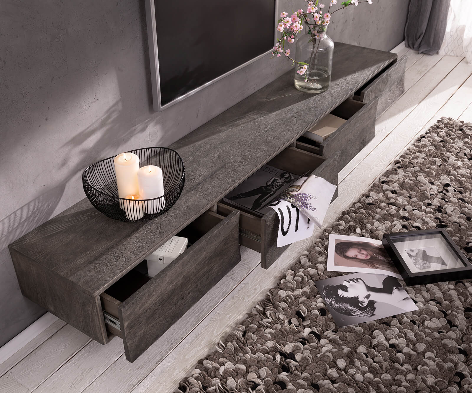 Meuble-TV Wyatt 220 cm acacia platine 4 tiroirs 1