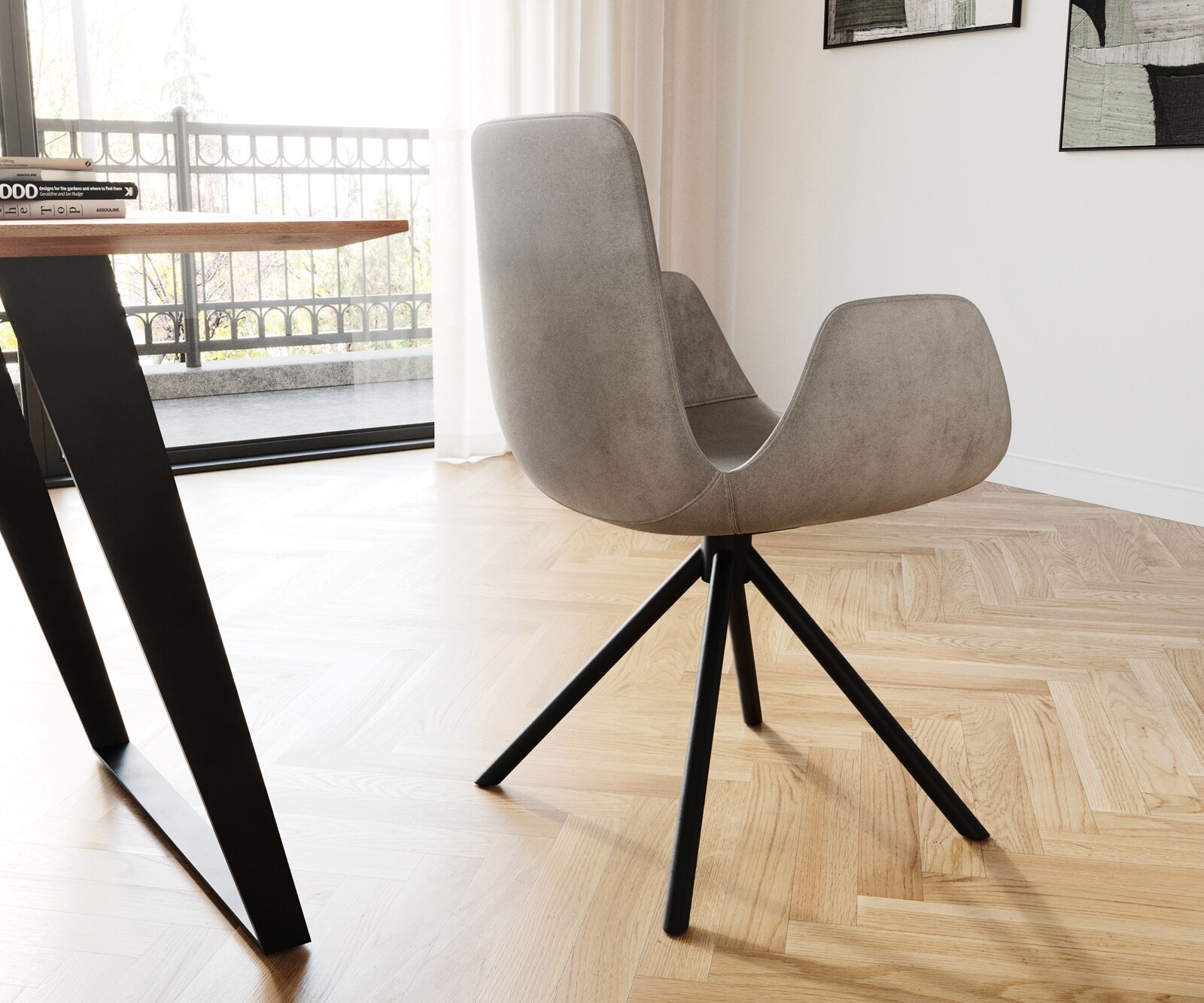 Chaise-de-salle-à-manger Ilia-Flex avec accoudoirs velours gris pied croisé conique noir 4 Chaise-de-salle-à-manger Ilia-Flex avec accoudoirs velours gris pied croisé conique noir 4