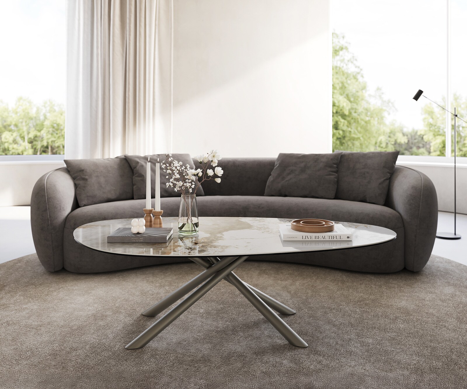Table basse Edge Oval 140x75 cm céramique Minas Melange Sarity Metall finition effet titane 2