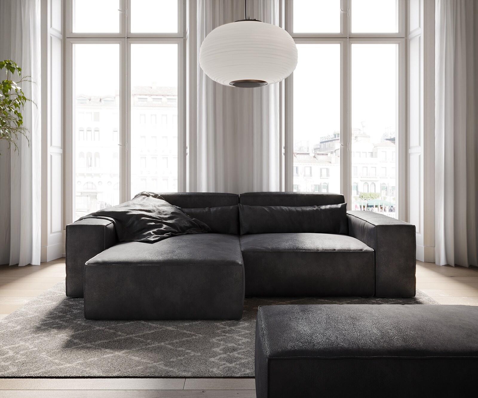 Canapé d'angle Sirpio 230x150 cm Cuir synthétique Vintage Anthracite Recamiere variable avec Tabouret 2