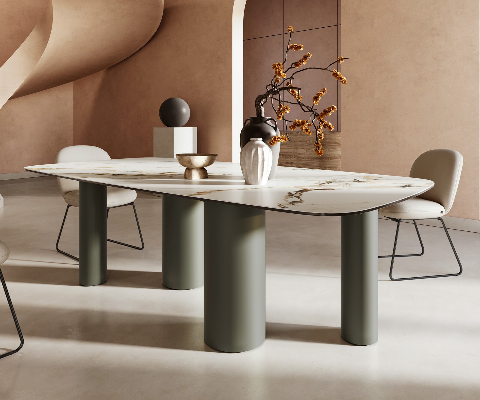 Table à manger Edge Boot 240x120cm céramique Calacatta Luxe blanc-doré-gris Pilier métal effet titane 5