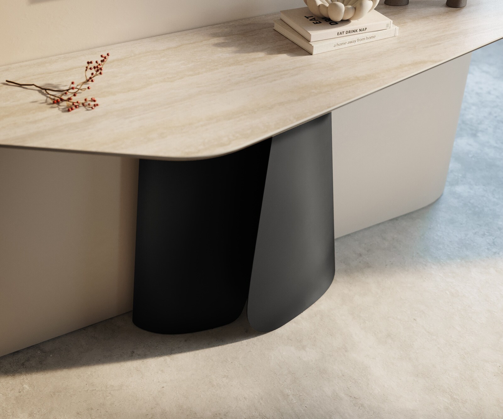 Console Edge Polygonal 140x50 cm Céramique Laminam® Travertino Bianco Creme-Weiß Livos Métal Noir 5