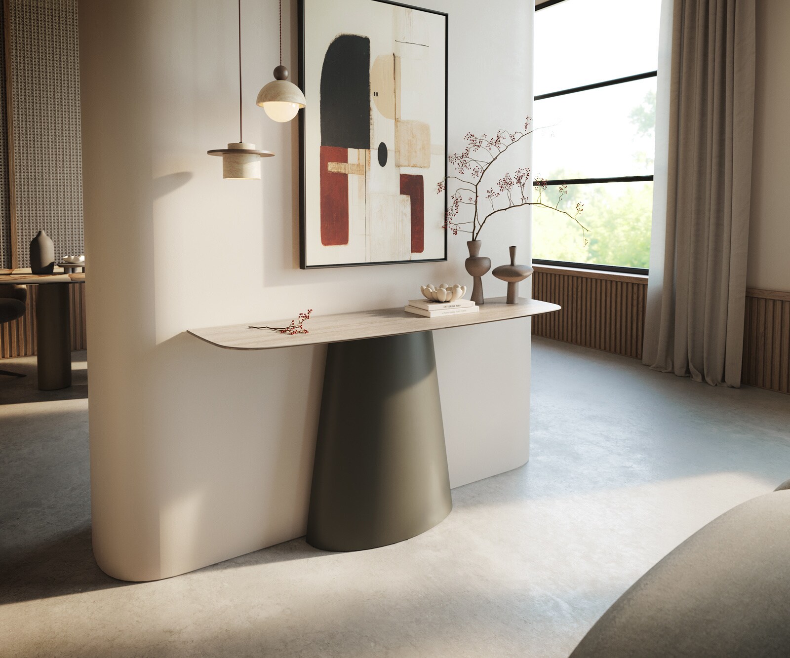 Console Edge forme bateau 140x40 cm Céramique Laminam® Travertino Bianco Creme-Weiß Conos Métal Effektfinish Titan 4