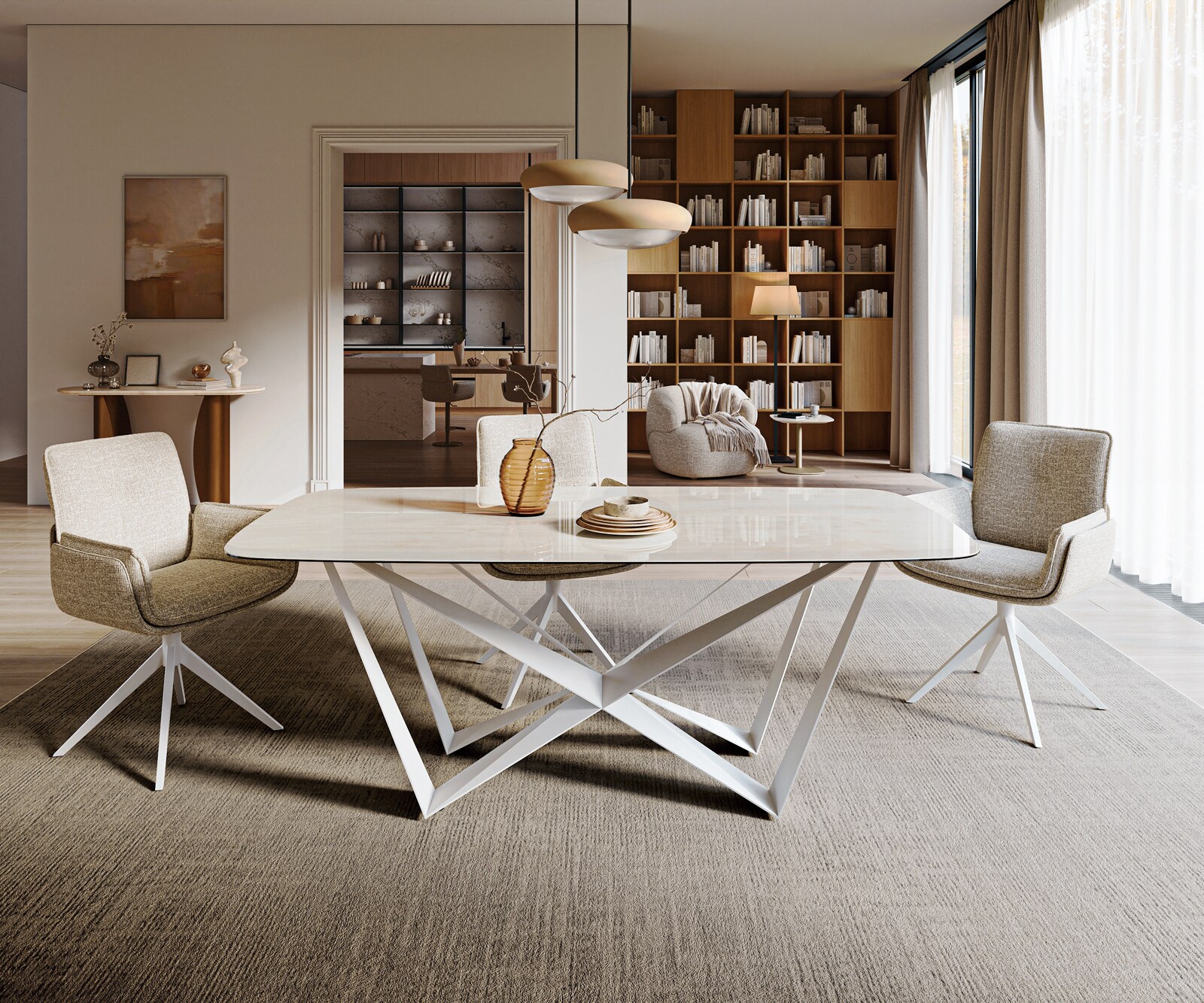 Table à manger Edge bateau 200x100 cm céramique Onyx Champagne Spider métal blanc 2