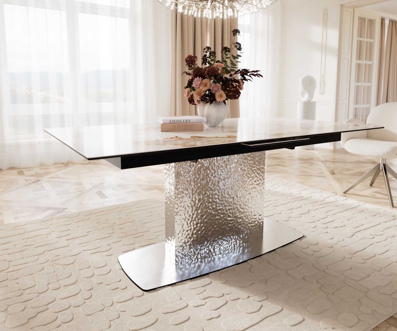 Table à manger Edge 180-220x100 céramique Minas mélange blanc-beige Wave acier inoxydable extensible 7