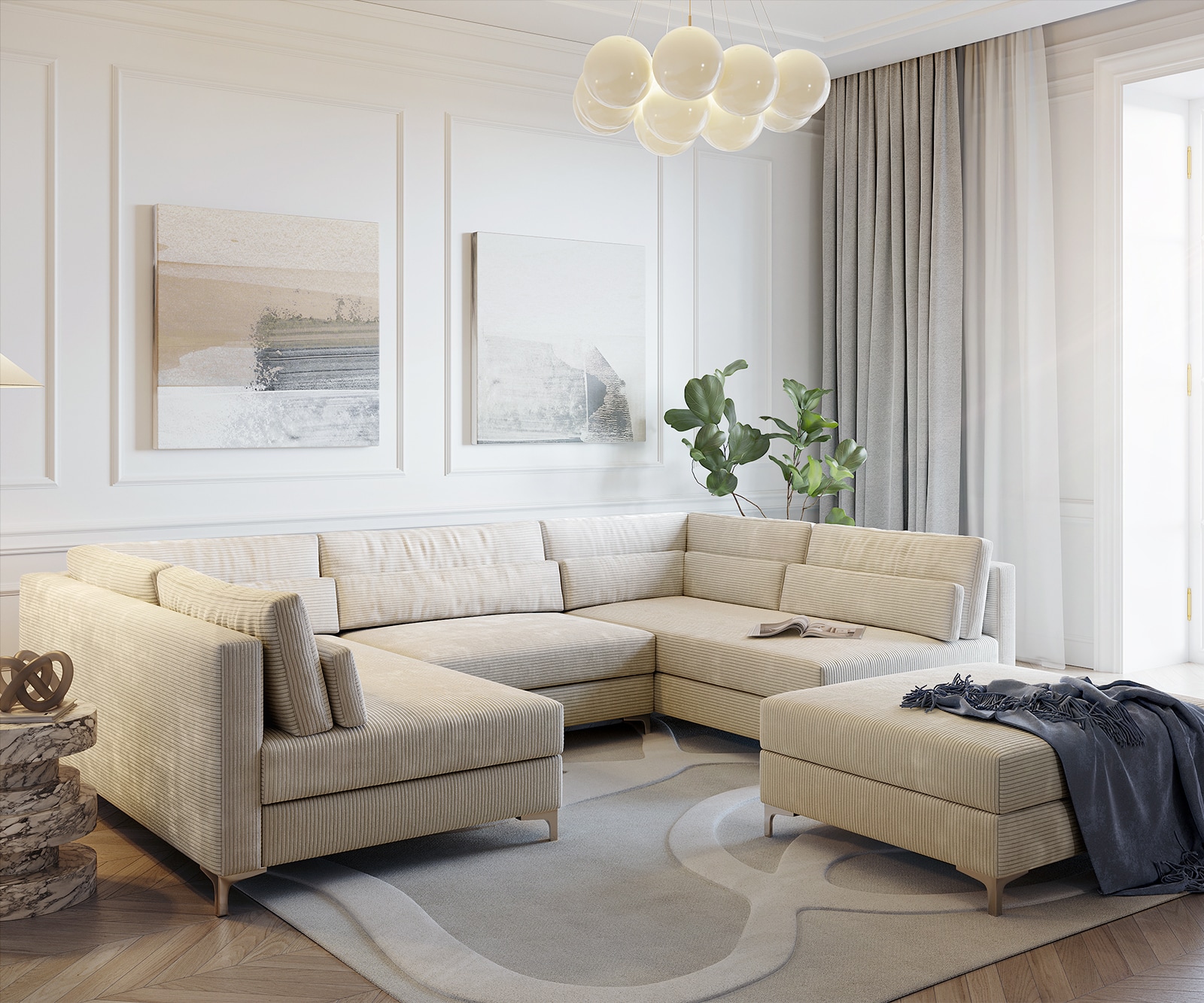 Canapé panoramique Elio 300x185 cm Velours côtelé beige avec tabouret Canapé panoramique Elio 300x185 cm Velours côtelé beige avec tabouret