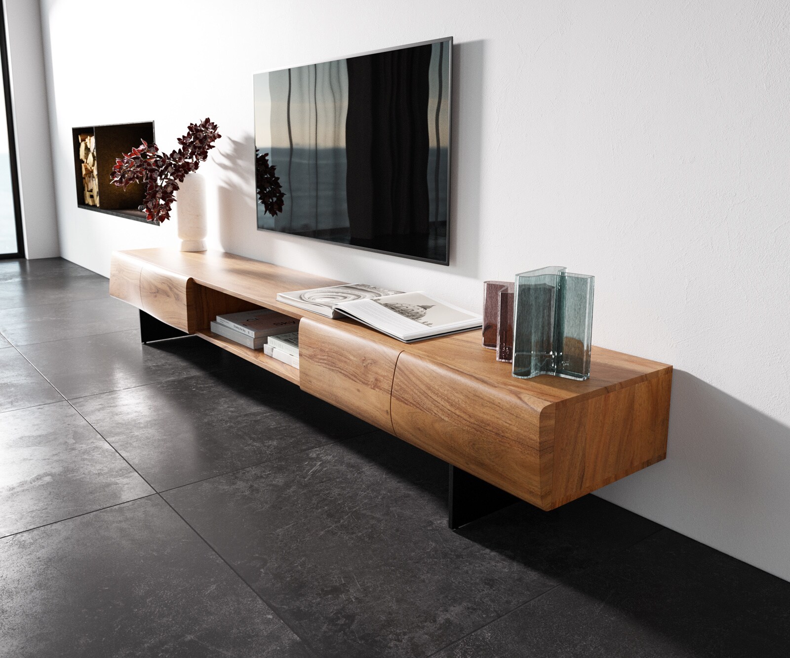 Meuble-TV New Live-Edge 240 cm acacia naturel 4 portes 1 compartiment pied flottant métal noir 1