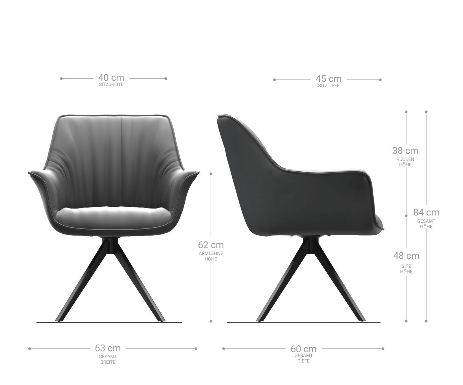 Chaise-de-salle-à-manger Keila-Flex avec accoudoirs cuir de vache noir pied croisé angulaire noir 6