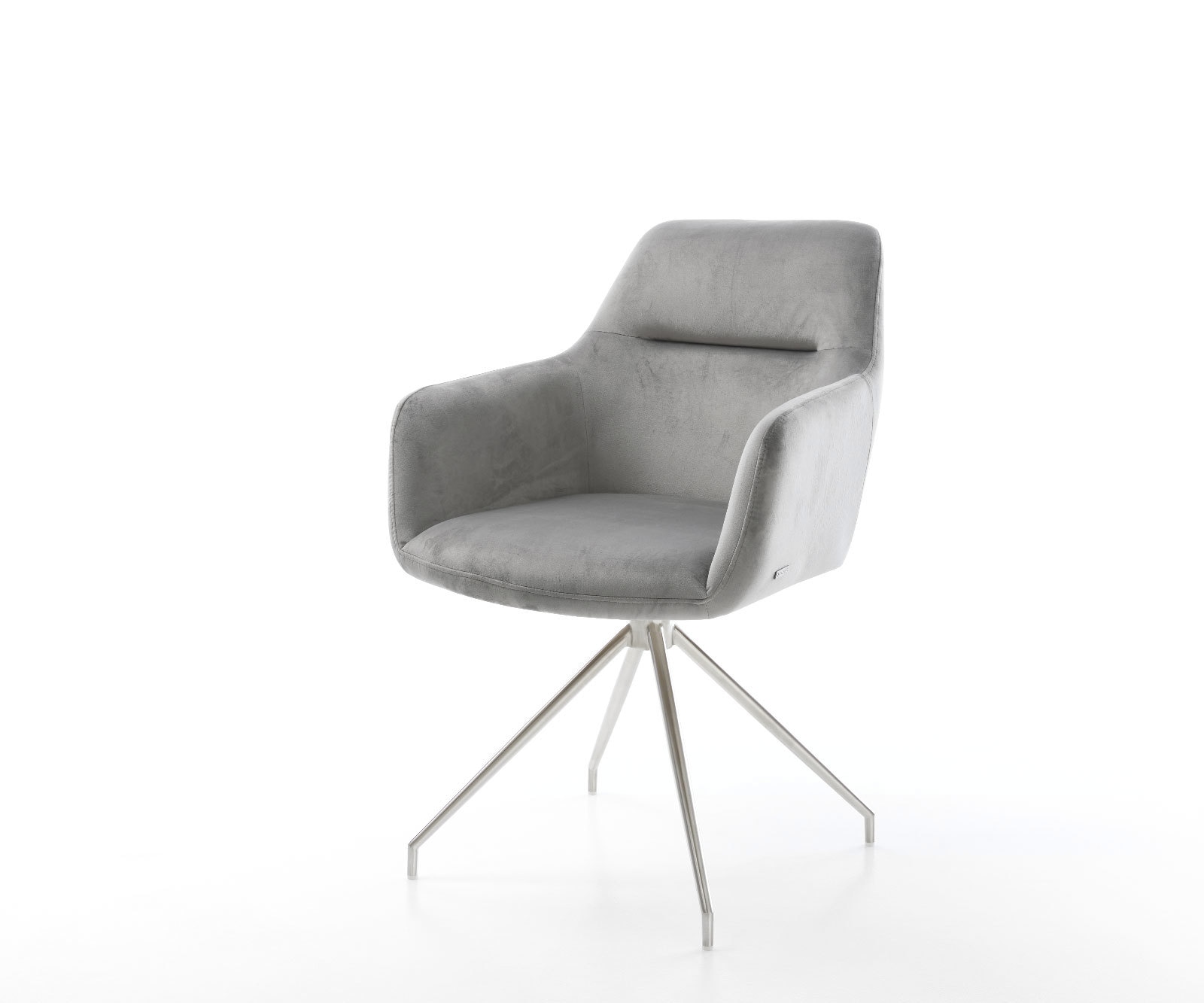 Chaise-de-salle-à-manger Pejo-Flex velours gris pied croisé conique acier inoxydable brossé ressorts ensachés