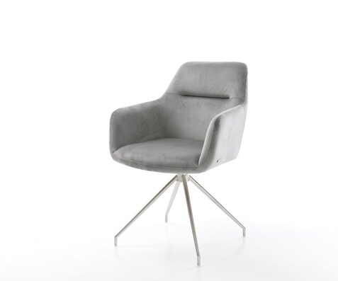 Chaise-de-salle-à-manger Pejo-Flex velours gris pied croisé conique acier inoxydable brossé ressorts ensachés