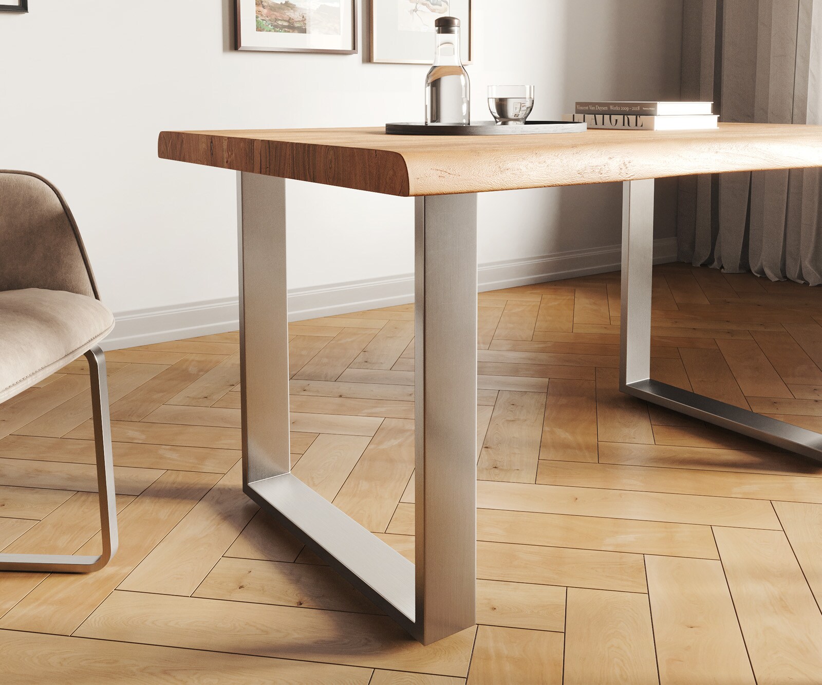 Table-à-manger Edge 140x90 XL acacia nature acier inoxydable mince Live-Edge 4