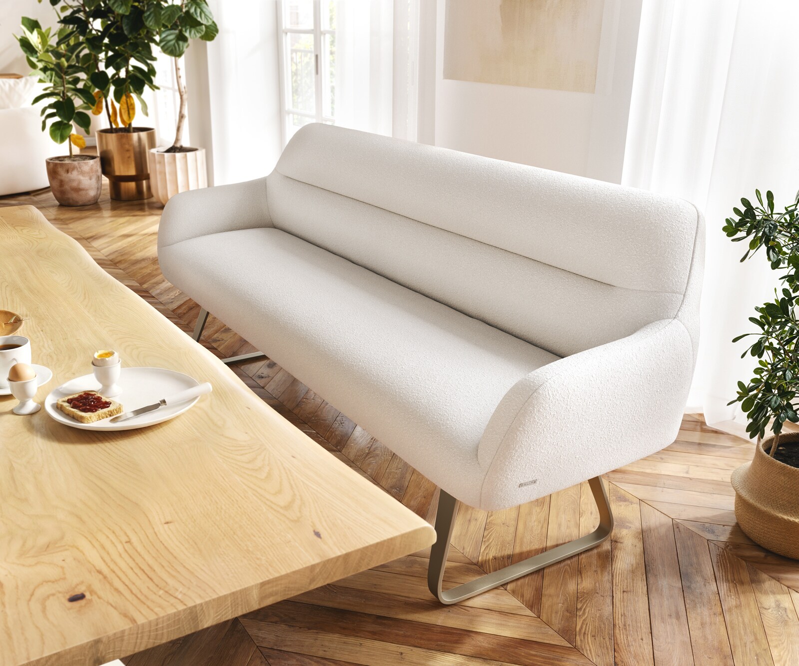 Banc-de-salle-à-manger Taya-Flex 200 cm bouclé crème-blanc châssis à patins plat titane ressort ensaché