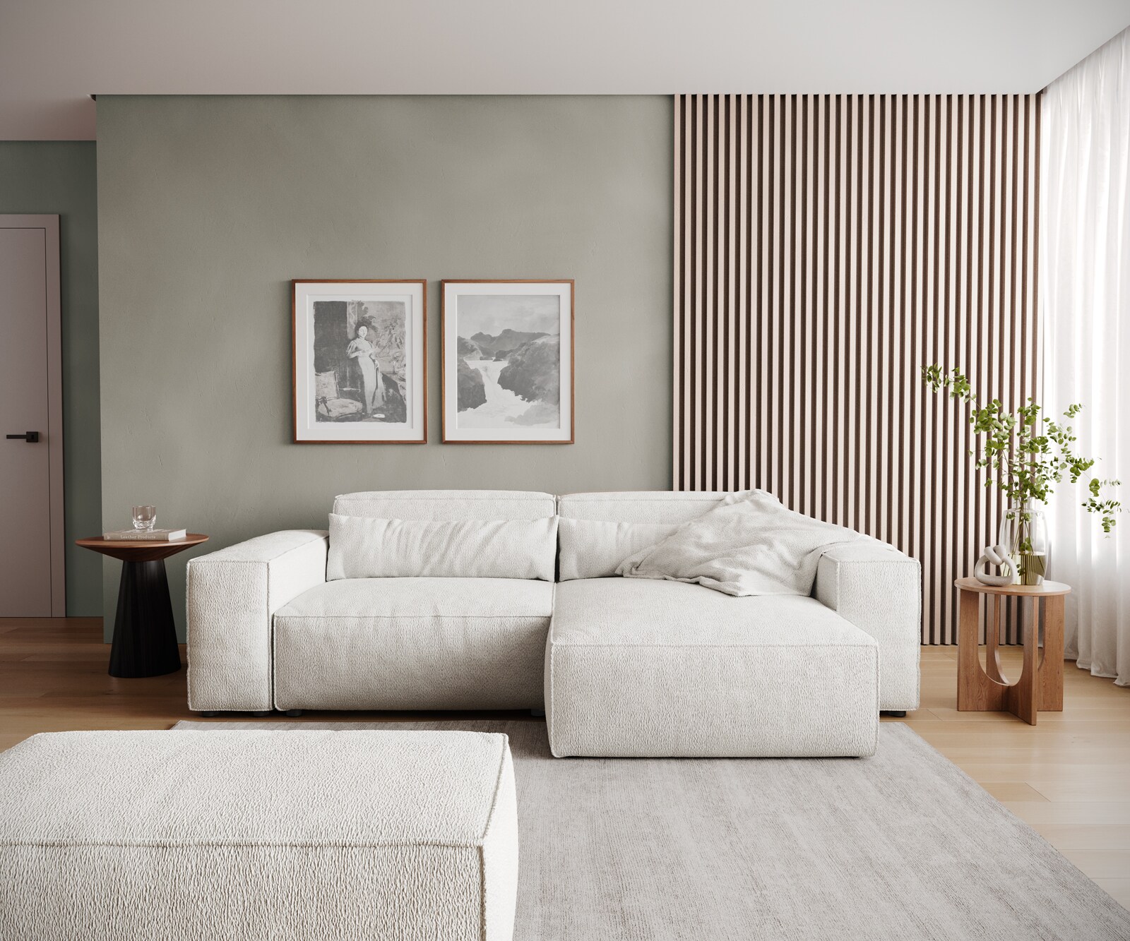 Canapé d'angle Sirpio 230x150 cm Bouclee Crème-blanc Recamiere variable avec Tabouret 1