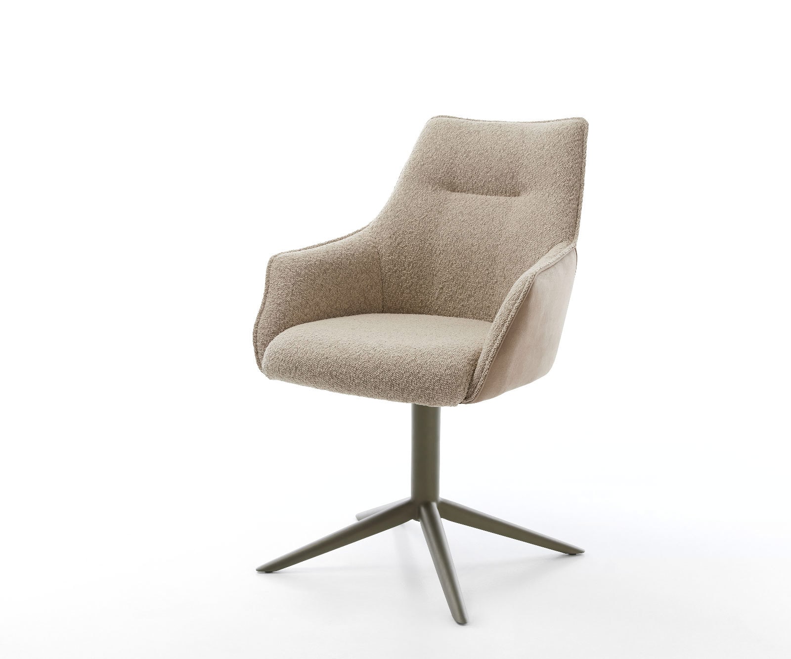 Chaise-pivotante Alja-Flex avec accoudoirs tissu mixte couleur boue pied de chaise 4 branches aspect titane pivotement sur 360° fonction bascule ressorts ensachés Chaise-pivotante Alja-Flex avec accoudoirs tissu mixte couleur boue pied de chaise 4 branches aspect titane pivotement sur 360° fonction bascule ressorts ensachés