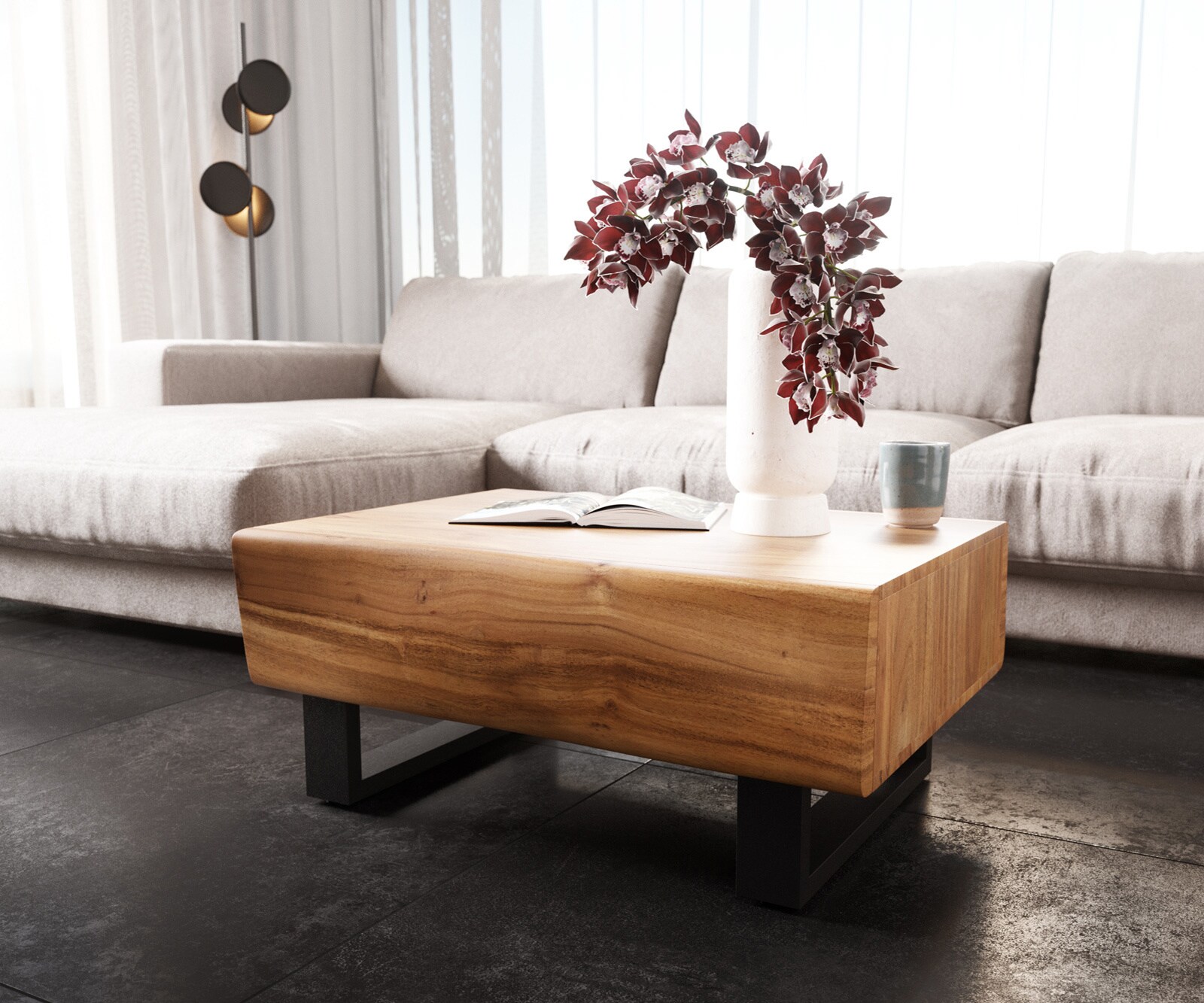 Table-basse New Live-Edge 80x60 cm acacia naturel 2 tiroirs patin métal noir 3