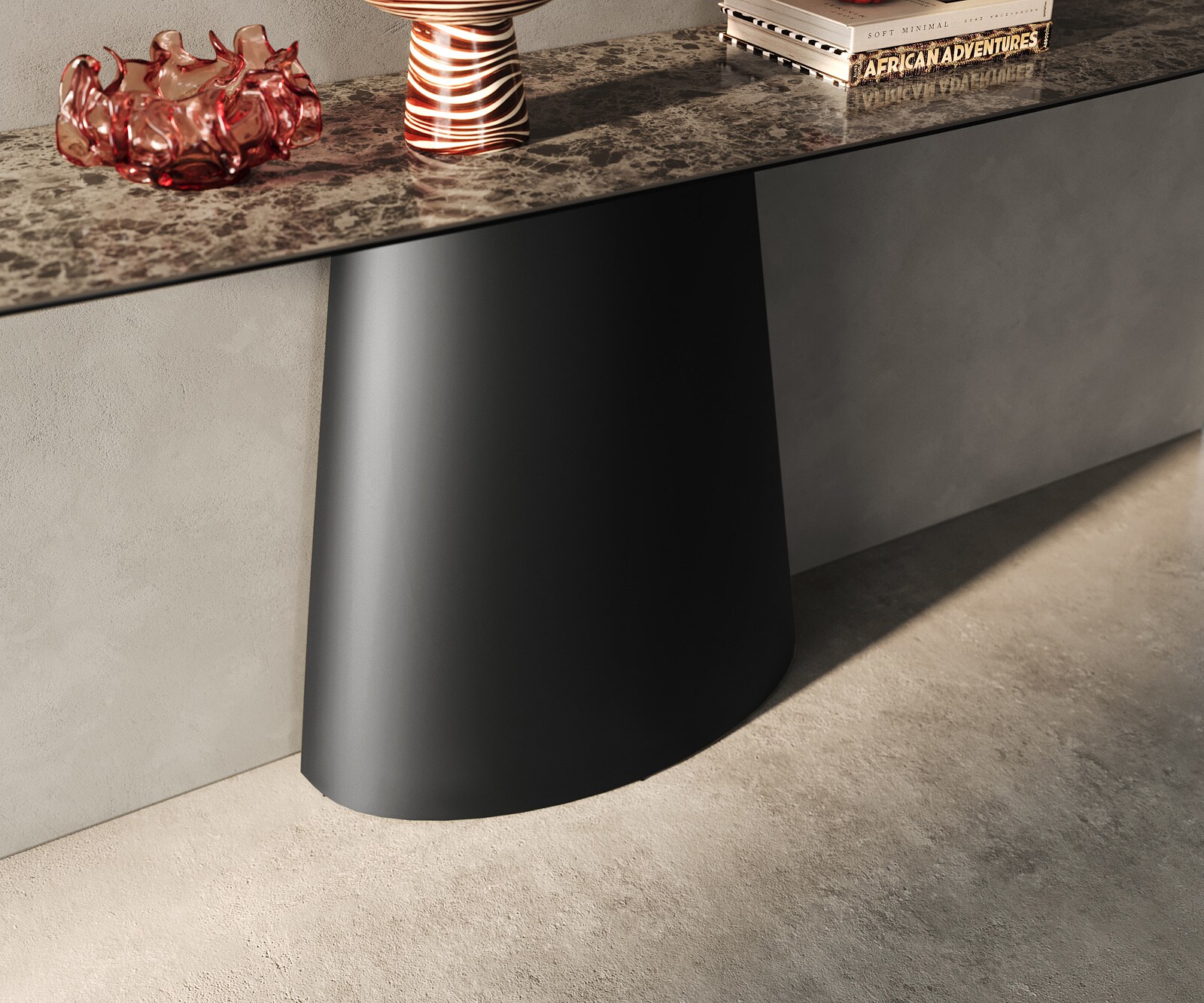 Console Edge forme bateau 180x40 cm Céramique Emperador Extra Lucidato Dunkelbraun Conos Métal Noir 6