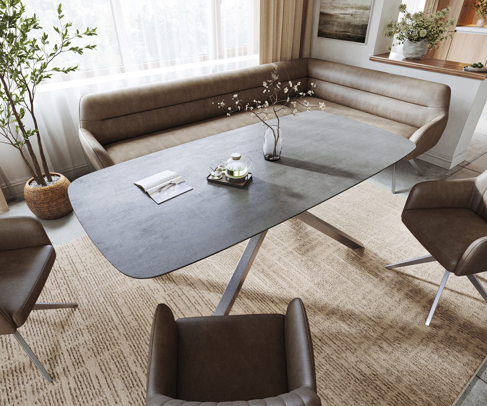 Table à manger Edge bateau 200x100 cm céramique béton gris piètement croisé rectangulaire inox 3